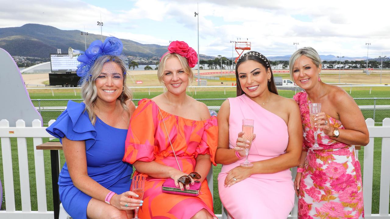 Tina Andrew, Sally Tew, Sahar McPherson and Jacquie Fraser at the Hobart Cup Day. Picture : Mireille Merlet