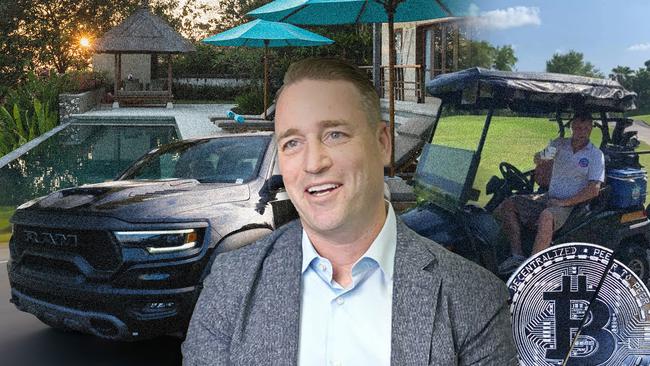Paying off his Dodge Ram and Gold Coast property development are among the items Ryan Brown (centre) has asked a court to allow him money for. Artwork: Emilia Tortorella