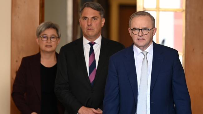 Anthony Albanese, Deputy Prime Minister Richard Marles and the Minister for Foreign Affairs Penny Wong may have done enough to fend off dissent at this week’s ALP conference in Brisbane. Picture: NCA NewsWire / Martin Ollman