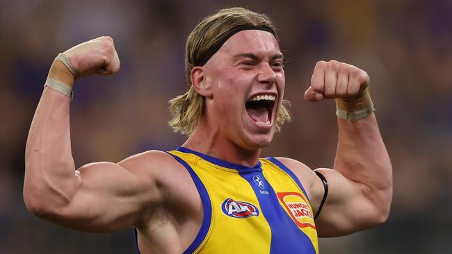 PERTH, AUSTRALIA - APRIL 20: Harley Reid of the Eagles celebrates after scoring a goal during the 2024 AFL Round 06 match between the West Coast Eagles and the Fremantle Dockers at Optus Stadium on April 20, 2024 in Perth, Australia. (Photo by Will Russell/AFL Photos via Getty Images)