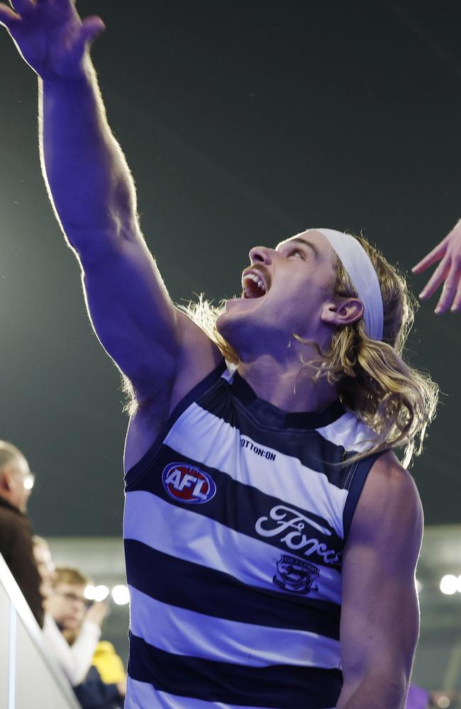 Bailey Smith reaches to fans after the win over Collingwood. Picture: Michael Klein