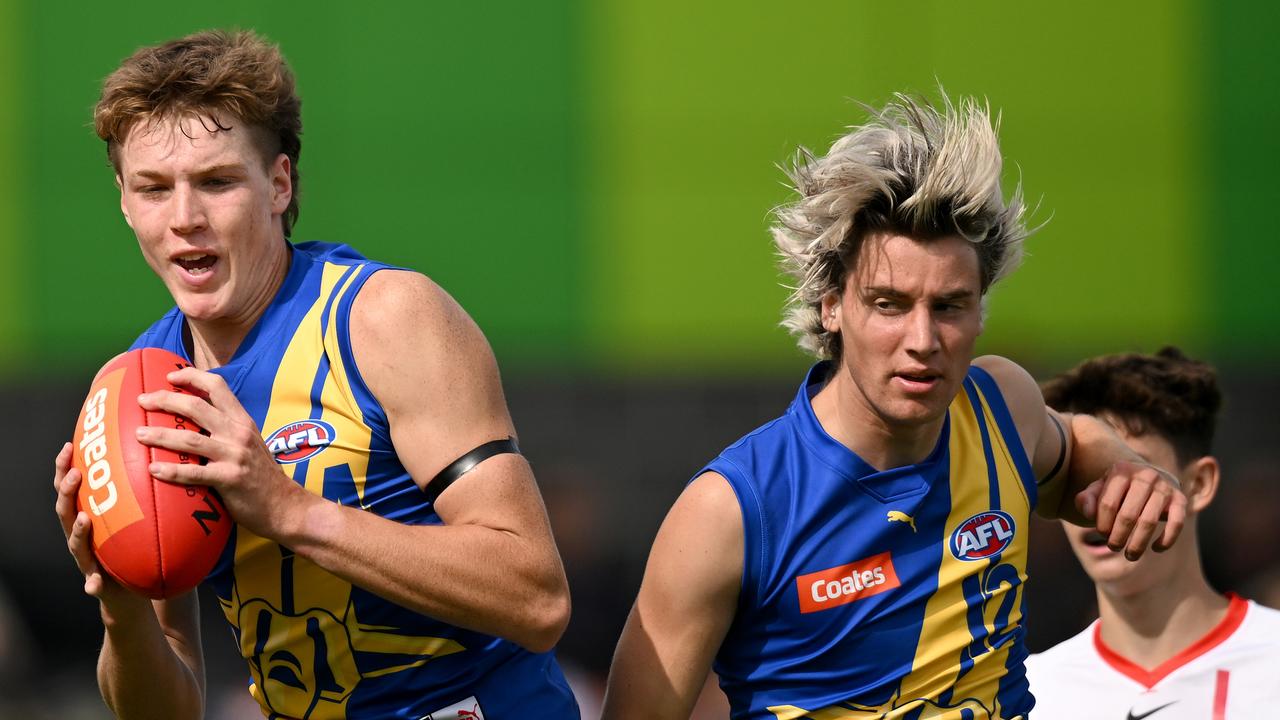 Logan Morris, left, is one of the top forward prospects in 2023. Picture: Morgan Hancock/AFL Photos