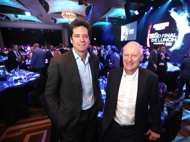 27/09/2019  AFL CEO Gillon McLachlan and AFL chairman Richard Goyder at an AFL grand final function at Crown today.Picture : David Geraghty , The Australian.