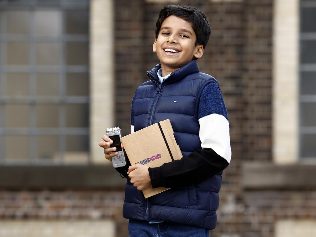 Adit Garg, 10, pictured with his Kids News Junior Journalist notebook and a dictaphone, won the inaugural Primary News Story (Video) category in 2023 and joined The Morning Show to help launch the Kids News Junior Journo Newsroom and 2024 competition. Picture: Richard Dobson