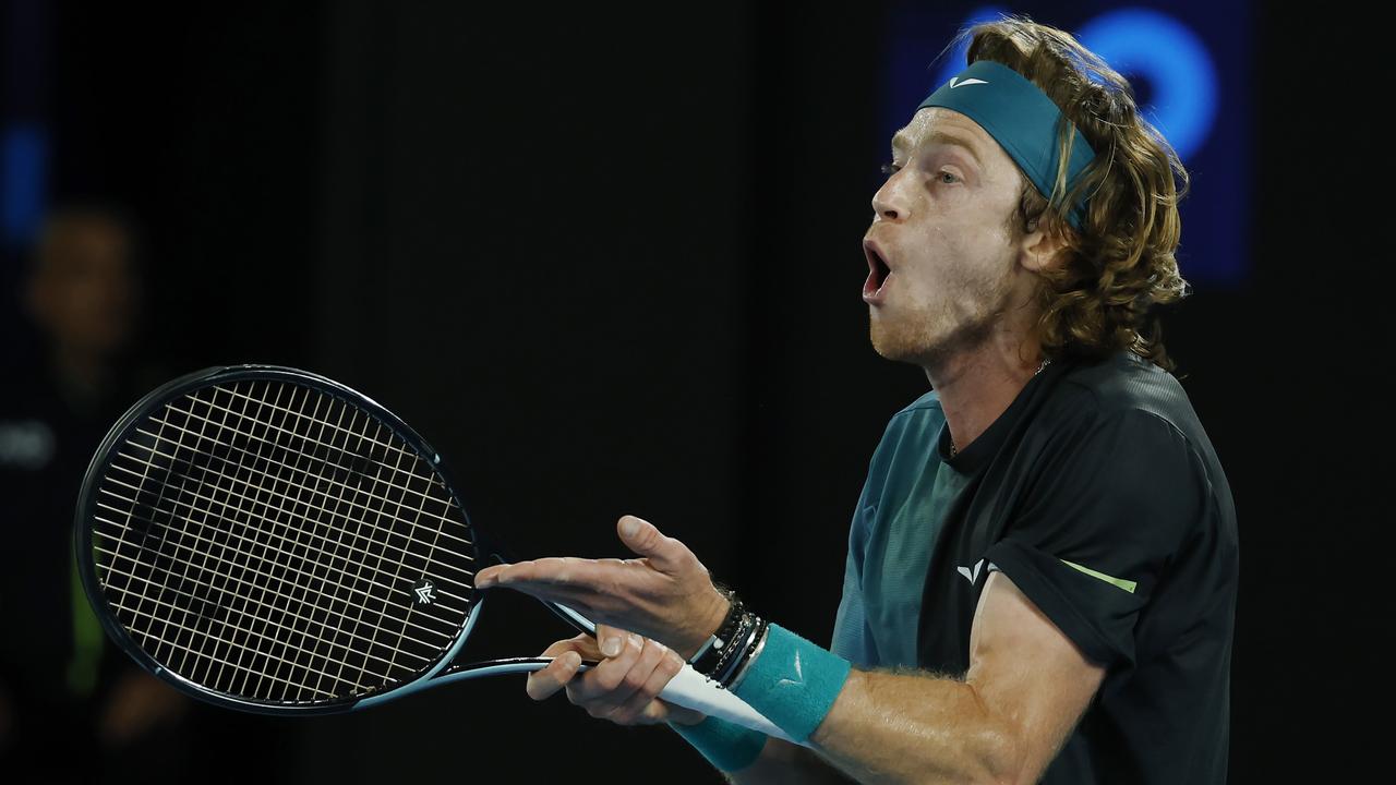 MELBOURNE , AUSTRALIA. January 21 , 2024. Australian Open Tennis. Day 8. Alex De Minaur vs Andrey Rublev on Rod Laver Arena. Andrey Rublev reacts after losing a point in the 3rd set tie break . Pic: Michael Klein