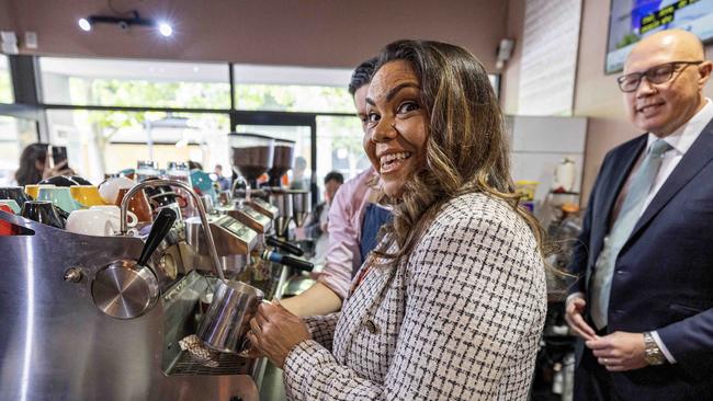 Coalition senator Jacinta Nampijinpa Price with Liberal leader Peter Dutton on the referendum campaign trail in Perth on Tuesday. Picture: Colin Murty