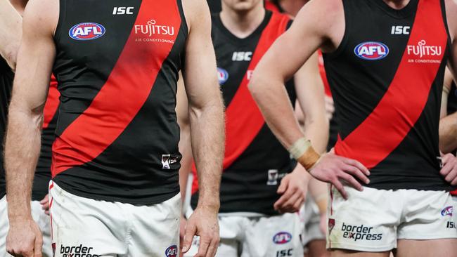 Cale Hooker of the Bombers looks dejected after defeat during the First Elimination Final between the West Coast Eagles and the Essendon Bombers in Week 1 of the AFL Finals Series at Optus Stadium in Perth, Thursday, September 5, 2019. (AAP Image/Michael Dodge) NO ARCHIVING, EDITORIAL USE ONLY