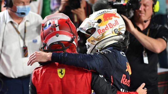 Ferrari's Charles Leclerc congratulates Red Bull's Max Verstappen