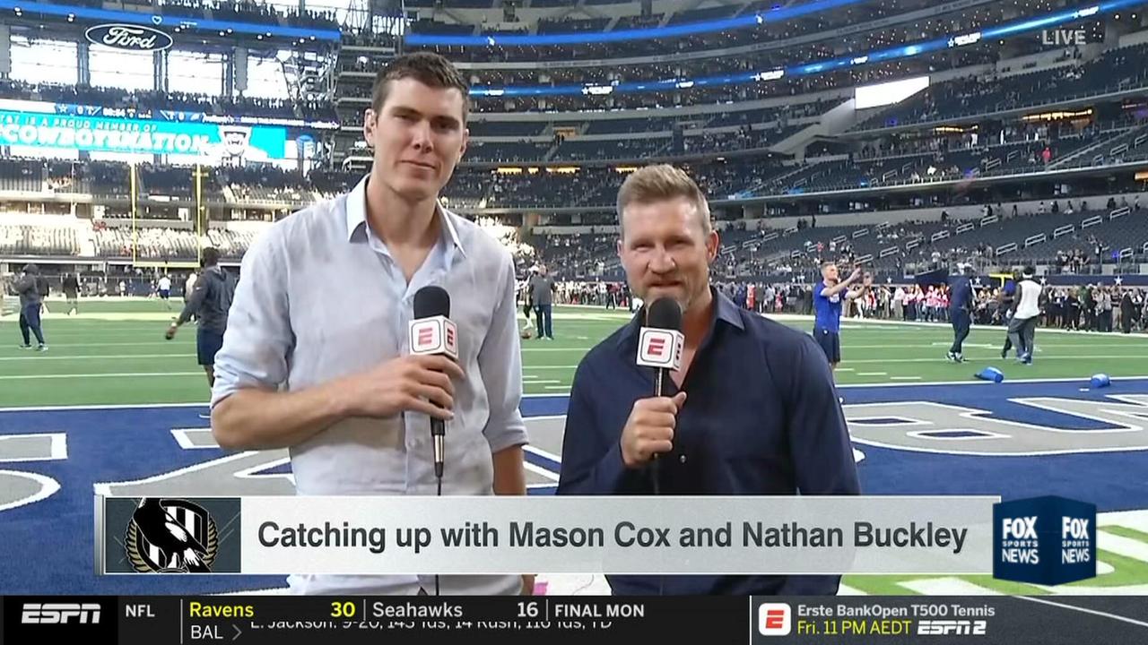 Collingwood duo Mason Cox and Nathan Buckley were interviewed ahead of an NFL game in Dallas.
