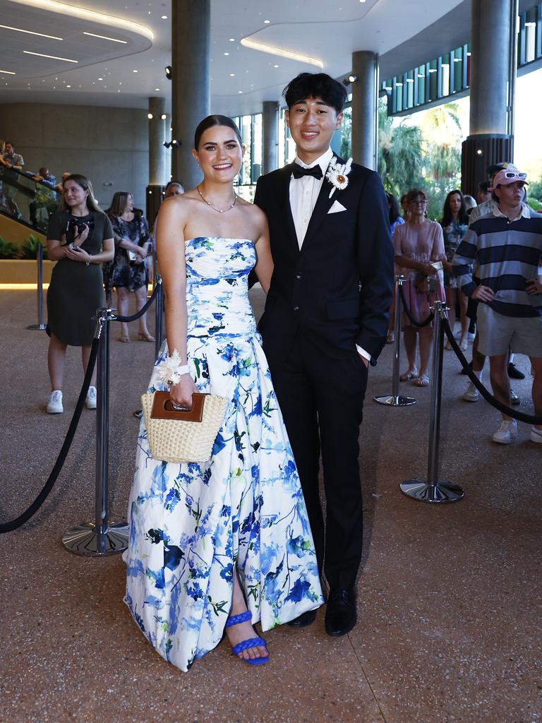 Sophie Gavin and Haanbie Lee arrive at the Peace Lutheran College formal evening at the Cairns Convention Centre. Picture: Brendan Radke