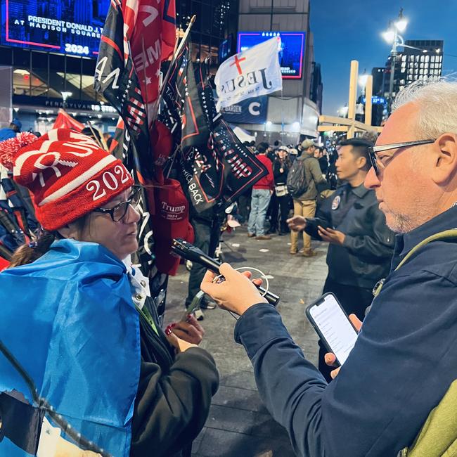 Yaron Finkelstein speaks with a Trump supporter in New York City. Picture: Yaron Finkelstein