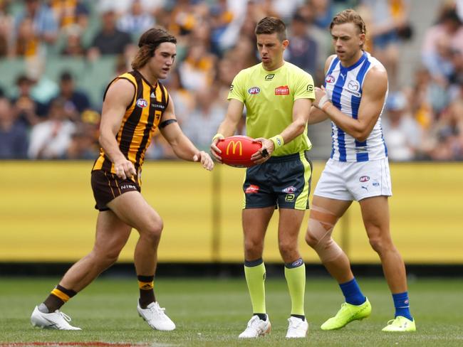 Michael Pell (middle) in action in round 1 of the 2022 AFL season. Picture: Dylan Burns/AFL Photos