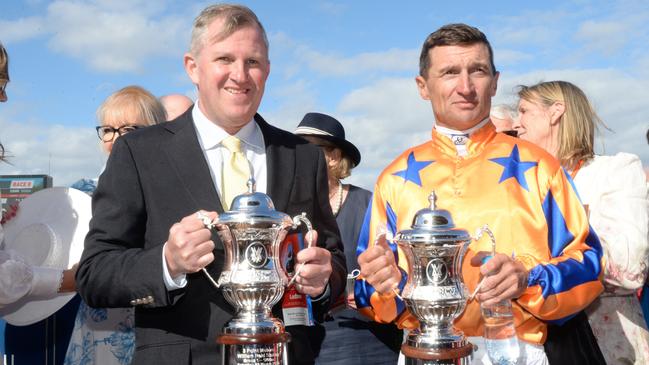 Trainer Mark Walker with Opie Bosson after Imperatriz won the William Reid Stakes at The Valley. Picture: Brett Holburt/Racing Photos via Getty Images