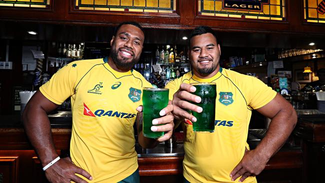 Wallabies Samu Kerevi and Taniela Tupou at Gilhooleys Irish Pub. (Annette Dew)