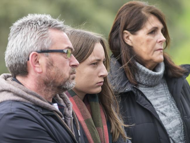 Karen's husband Borce Ristevski and daughter Sarah with Karen's aunty, Patricia. Picture: Eugene Hyland