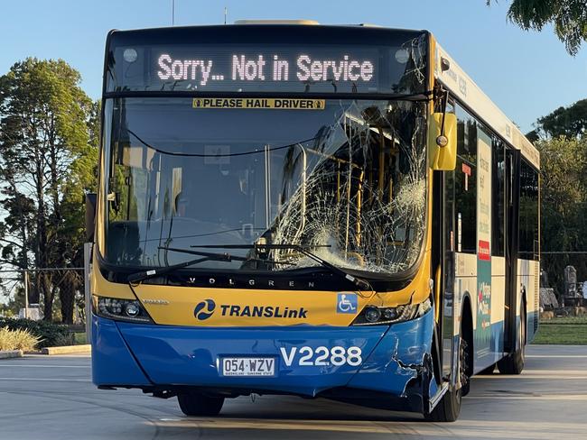 A bus has been caved in after a collision with a car on Gympie Road, Kedron sparking traffic chaos. Picture: Steve Pohlner