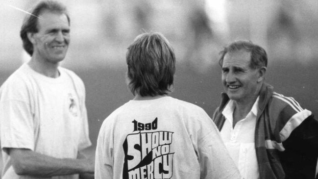 Footballer former fitness coach Bill Neil with Graham Cornes and Scott Salisbury in 1990.