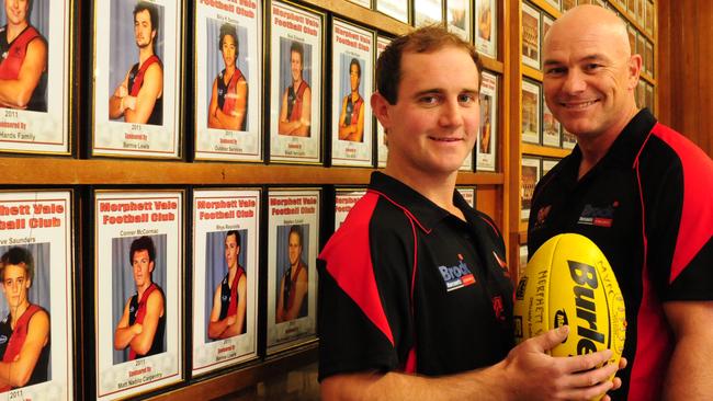 Morphett Vale Football Club greats Braden Bayly and Simon Robinson. Picture: News Corp