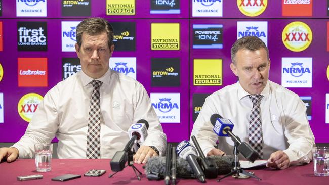 Karl Morris and Paul White announce on December 2 that Wayne Bennett has been let go by the Brisbane Broncos. Picture: Glenn Hunt