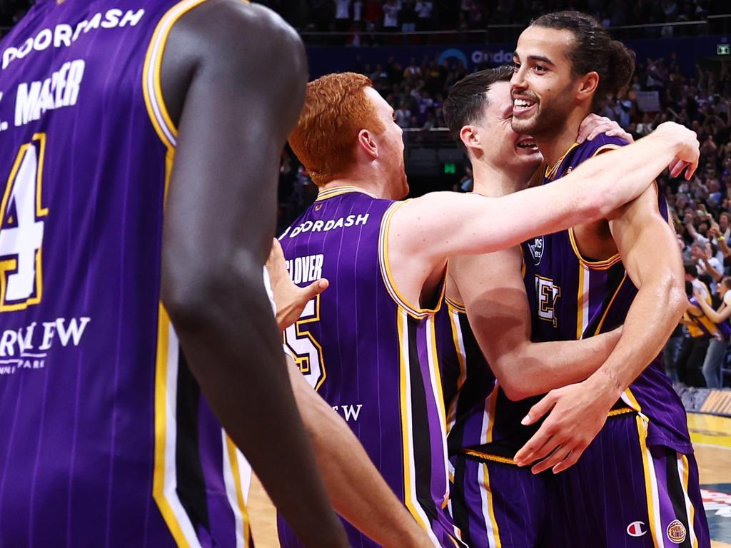 The Sydney Kings celebrate winning the franchise’s 17th NBL championship with a clean sweep over the Tasmania JackJumpers. Photo: Mark Metcalfe/Getty Images.