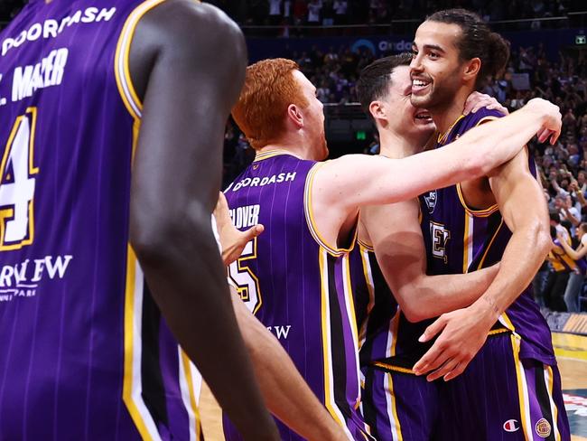 The Sydney Kings celebrate winning the franchise’s 17th NBL championship with a clean sweep over the Tasmania JackJumpers. Photo: Mark Metcalfe/Getty Images.