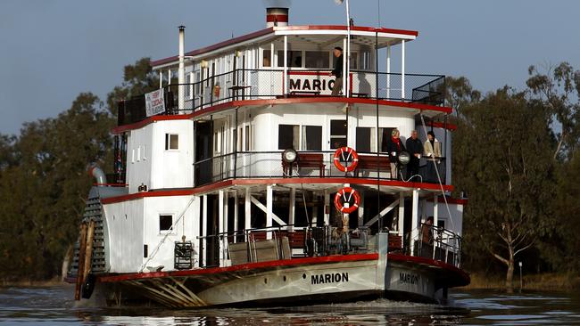 The SA paddle steamer Marion on her way up the Murray River taking part in a large gathering of heritage vessels at the PS Melbourne Centenary River Festival, Mildura. The PS Marion is pictured between Blanchetown and Morgan.