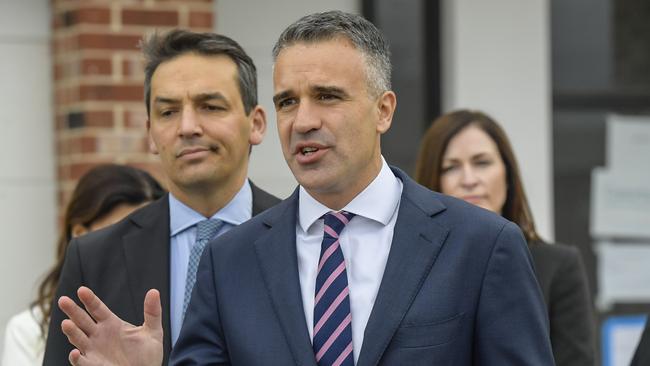 Premier Peter Malinauskas (right) and Education, Training and Skills Minister Blair Boyer (left) at a Blair Athol press conference on Monday morning. Picture: Roy Van Der Vegt