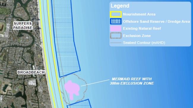 Where the 111m sand dredging barge will work off Surfers Paradise and Broadbeach.