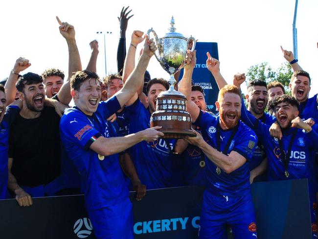 Avondale celebrates its Dockerty Cup title. Picture: Avondale FC Facebook