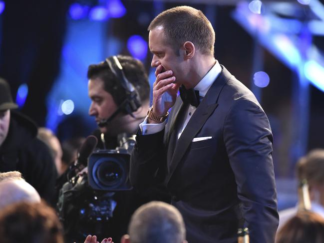 Alexander Skarsgard appears in the audience as he accepts the award for outstanding performance by a male actor in a television movie or limited series for “Big Little Lies” at the 24th annual Screen Actors Guild Awards. Picture: AP