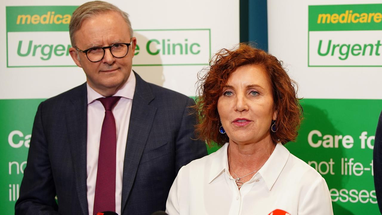 Prime Minister, Anthony Albanese Frankston and Labor candidate for Dunkley Jodie Belyea giving a press conference at the Urgent Care Clinic in Frankston. Picture: NCA NewsWire / Luis Enrique Ascui