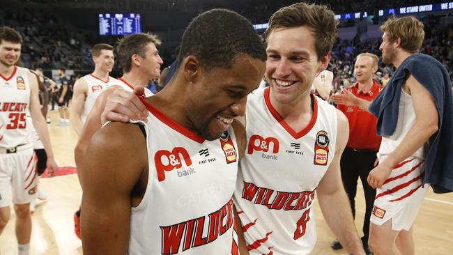 Bryce Cotton celebrates after his game winning shot. Picture: Getty Images