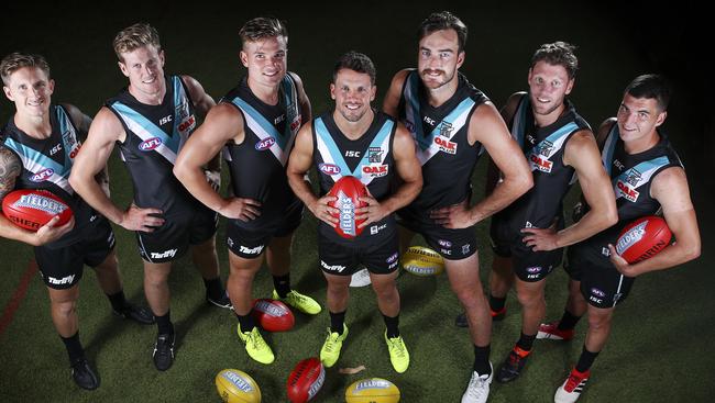 Port Adelaide’s leadership group, from left, Hamish Hartlett, Tom Jonas, Ollie Wines, Captain Travis Boak, Charlie Dixon, Brad Ebert and Tom Rockliff. Picture: Sarah Reed