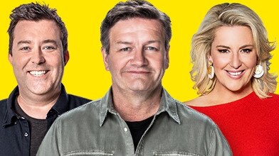 Triple M's Moonman in the Morning breakfast team – Chris Page, Lawrence Mooney and Jess Eva.