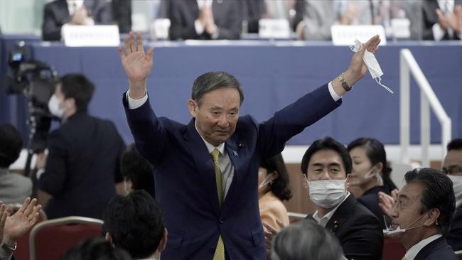 Yoshihide Suga as he is elected as new head of Japan’s ruling party. Picture: Getty