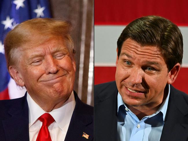 (COMBO) This combination of pictures created on May 05, 2023 shows former US President Donald Trump in Columbia, South Carolina, on January 28, 2023 and Florida Governor Ron DeSantis in Hialeah, Florida, on November 7, 2022. - He is young, scandal-free, and a darling of conservatives for his embrace of an "anti-woke" agenda that has fueled his meteoric rise within the Republican Party. Yet, Florida Governor Ron DeSantis has failed to lay a glove on Trump in the race to challenge President Joe Biden for the White House in 2024, baffling observers who see the twice-impeached former president as eminently beatable. (Photo by Logan Cyrus and Eva Marie UZCATEGUI / AFP)