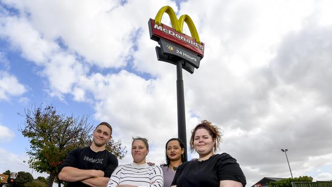 Brayden Cranwell Jessica St Clair, iesha Taurima and Heather Hammond outside the McDonald’s at Murray Bridge. Picture: Roy VanDerVegt