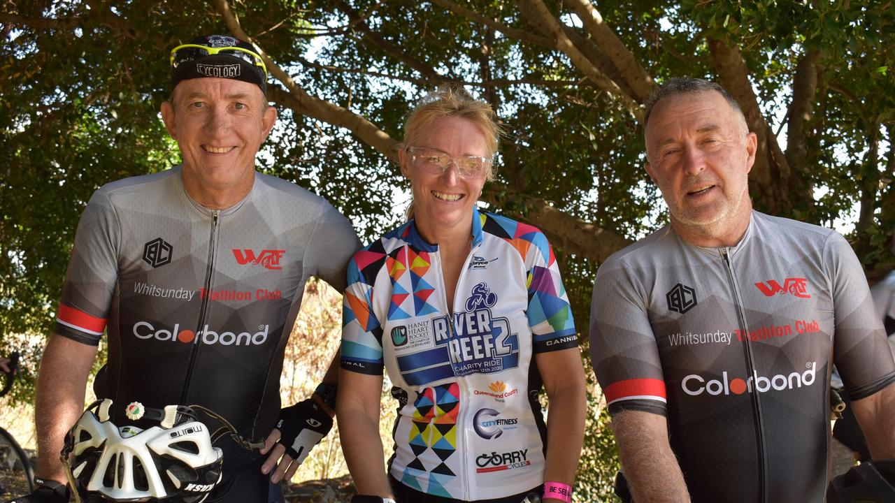 Whitsunday Triathlon Club members (from left) Gary Tebbatt, Karen Maddock and Mark McConkey at the River2Reef Ride. The club travelled from Airlie Beach on Friday to ride in Mackay on Saturday. Picture: Tara Miko