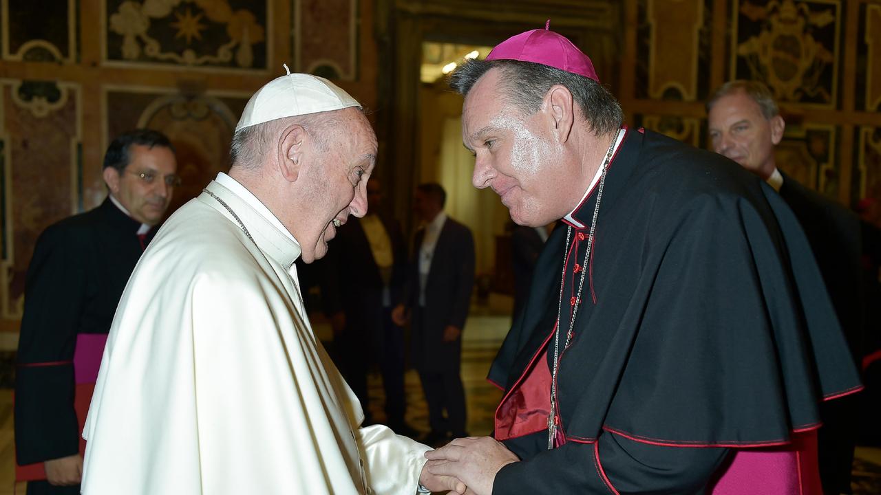 Townsville Bishop Tim Harris meets with Pope Francis in the Vatican. Picture: Vatican Media