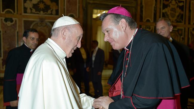 Townsville Bishop Tim Harris meets with Pope Francis in the Vatican. Picture: Vatican Media