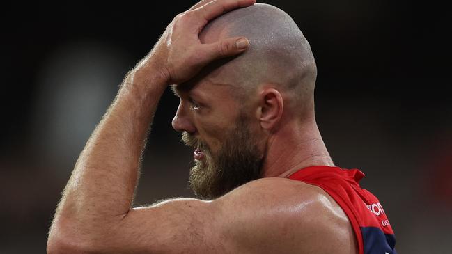 MELBOURNE, AUSTRALIA - JULY 27: Max Gawn of the Demons reacts on the final siren during the round 20 AFL match between Melbourne Demons and Greater Western Sydney Giants at Melbourne Cricket Ground, on July 27, 2024, in Melbourne, Australia. (Photo by Daniel Pockett/Getty Images)