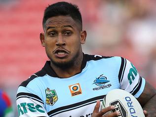 NEWCASTLE, AUSTRALIA - MAY 15: Ben Barba of the Sharks runs the ball during the round 10 NRL match between the Newcastle Knights and the Cronulla Sharks at Hunter Stadium on May 15, 2016 in Newcastle, Australia. (Photo by Tony Feder/Getty Images)