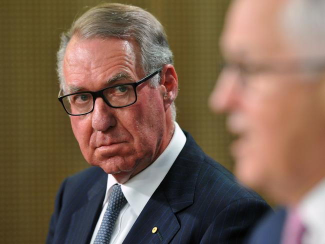 David Gonski speaking to the media yesterday after Turnbull’s announcement of a second Gonski report. Picture: AAP Image/Joel Carrett