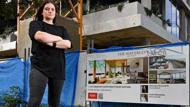 Eliza Parker at the site of the incomplete apartment building at Waverley Residences. Picture: John Gass