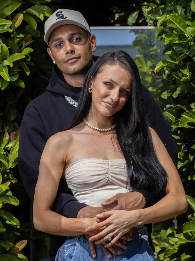 J-MILLA – Aboriginal rap artist Jacob Nichaloff – with partner Poppy Radbone. Picture: Kelly Barne