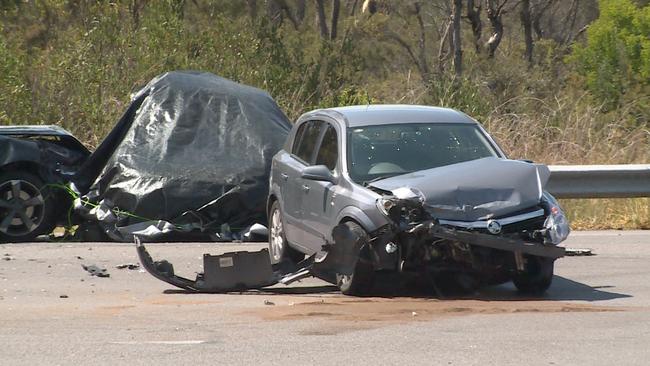 A 20-year-old woman died in a four-car crash on the Motorway Link Rd at Blue Haven. Picture: DigiCrew Australia.