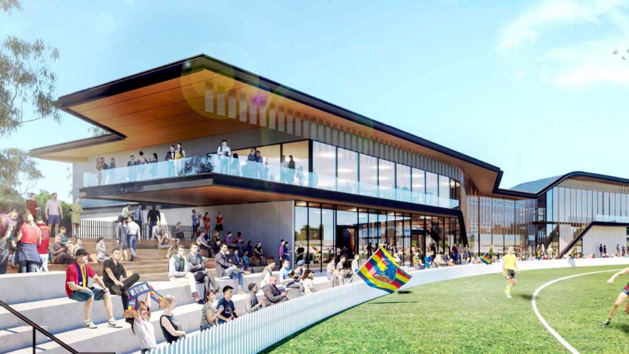 The proposed Adelaide Football Club HQ at Thebarton would see the clubrooms and high-performance centre facing west from the South Rd side of the oval. Source: City Collective.