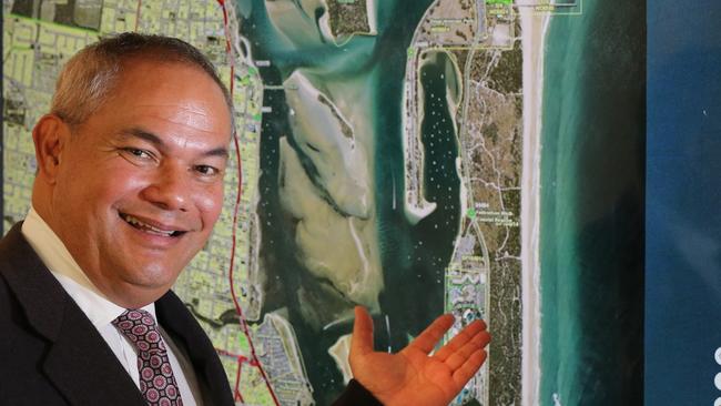 Gold Coast Mayor Tom Tate in his Evandale office with his plans for the Gold Coast central park on The Spit. Picture Glenn Hampson