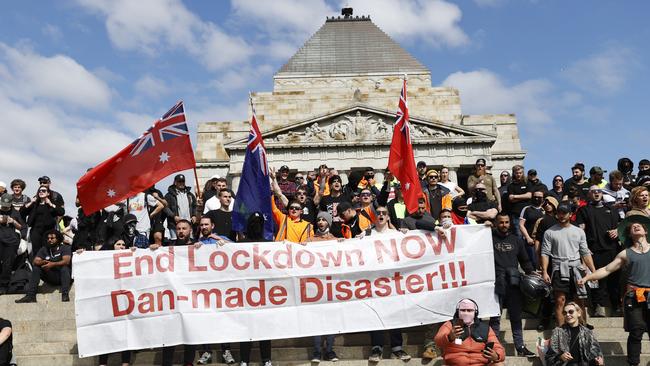 Construction workers protest Victoria’s Covid-19 lockdown at The Shrine of Remembrance in September 2021. Picture; Picture: Alex Coppel