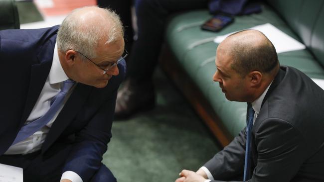 Prime Minister Scott Morrison and Treasurer Josh Frydenberg during Question Time at Parliament House in Canberra. Picture: Sean Davey